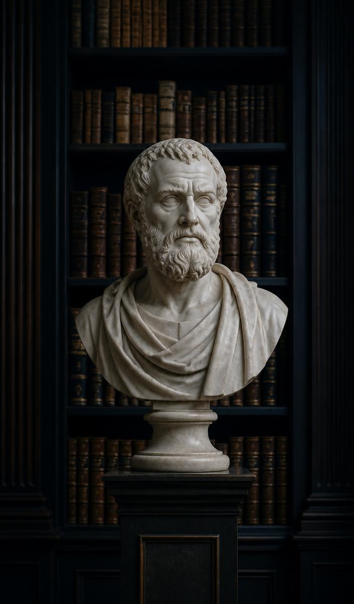 Busto clássico entre estantes de livros de direito